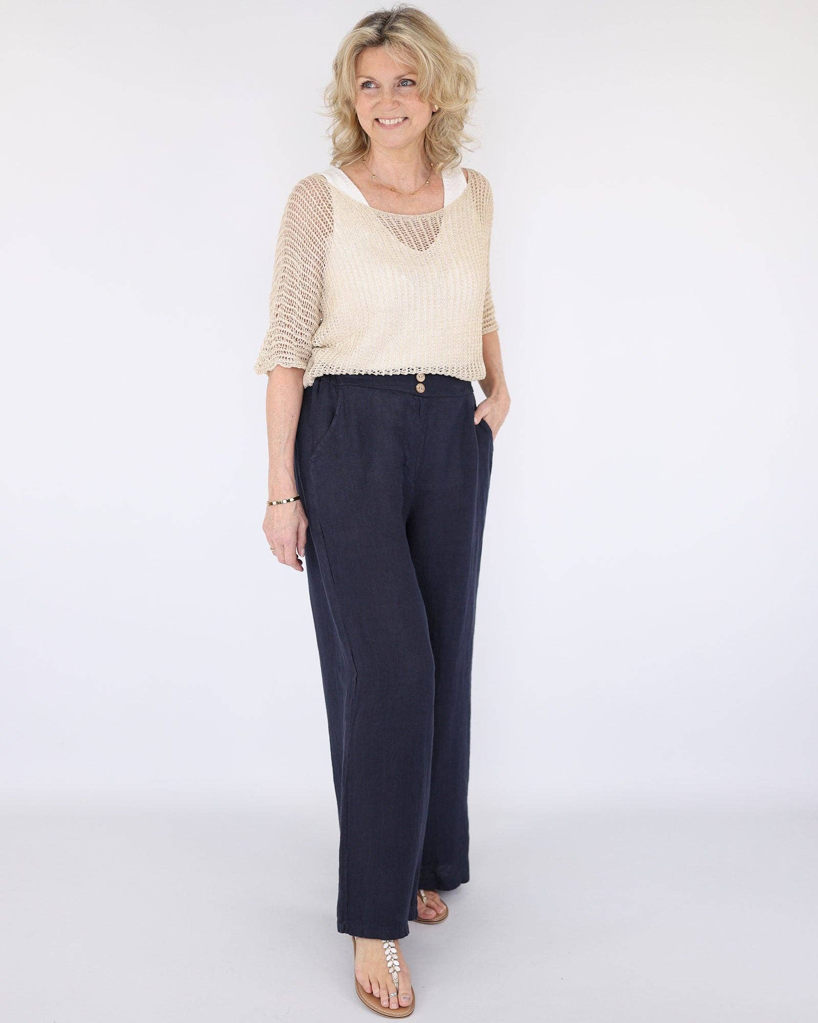 Cadenza Italy Ltd - Vente Pantalon – femme - Pantalon large droit en lin0