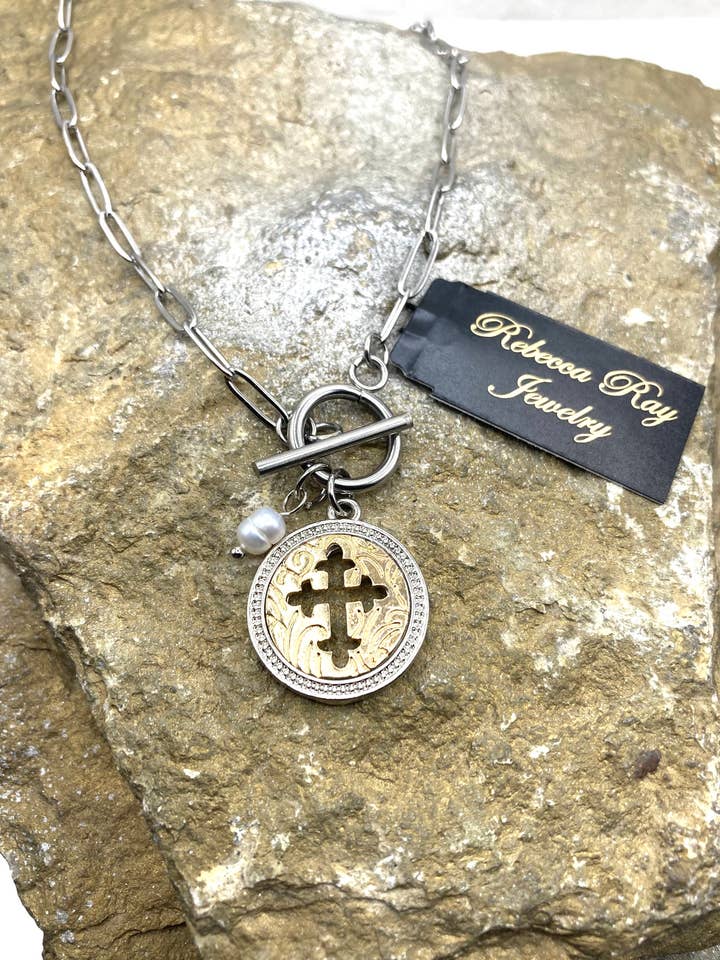 Cross Coin Charm Toggle Necklace for wholesale by Rebecca Ray Jewelry