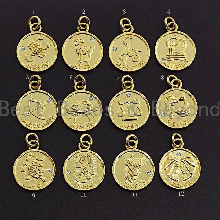 BestBeads&Beyond - Wholesale Individual Charm/Pendant - Zodiac Signs On Round Coin Shape Pendant/Charm, Astrology Signs Pendant, tweleve constellations, Sku#Z601