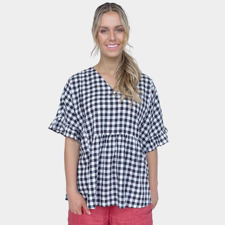 Gingham Top Frill Sleeve Black for wholesale by Amyic