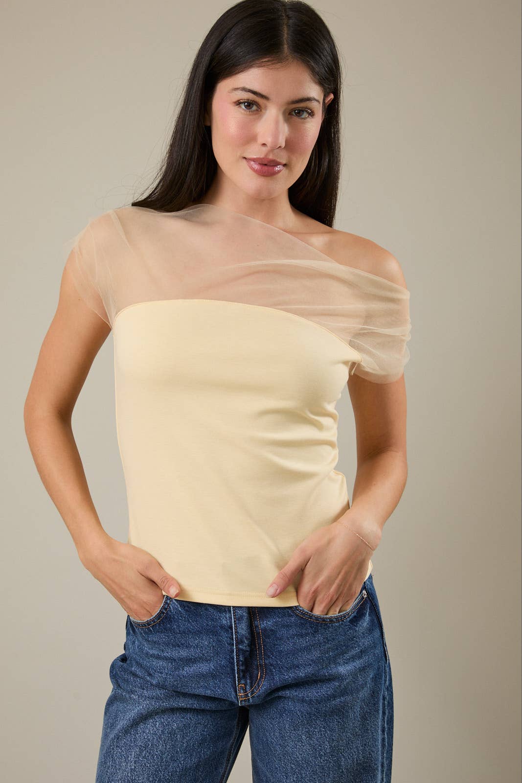 Sunday Edition - Wholesale Blouse - Women's - MESH & PONTI MIX DRAPE TOP5