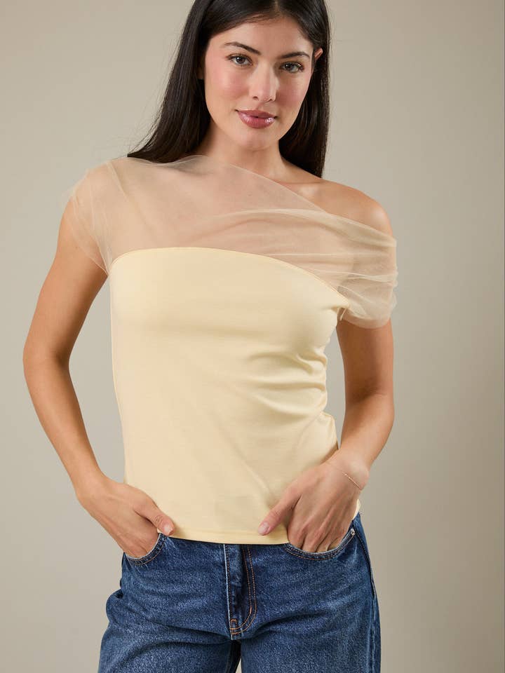 Sunday Edition - Wholesale Blouse - Women's - MESH & PONTI MIX DRAPE TOP5