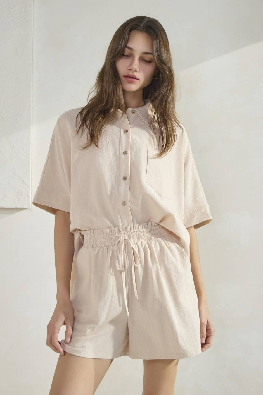 Oddi - Wholesale Lounge Set - Women's - Solid Cotton Oversized Shirt And Shorts Set3