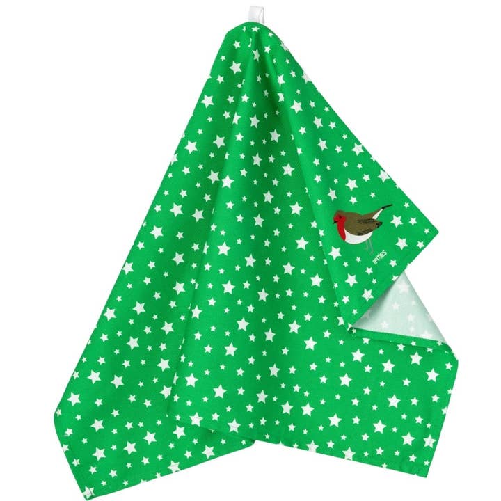 Limited Edition Festive Green Robin & Stars Colourful Tea towel for wholesale by UmmPixies