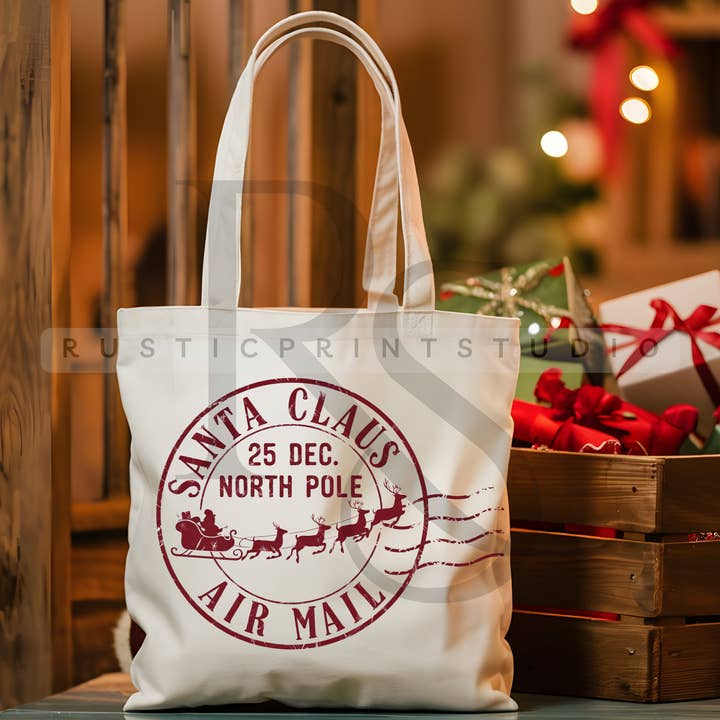 Sacola de Natal Vintage Santa Claus Stamp Tote por atacado de RusticPrintStudio