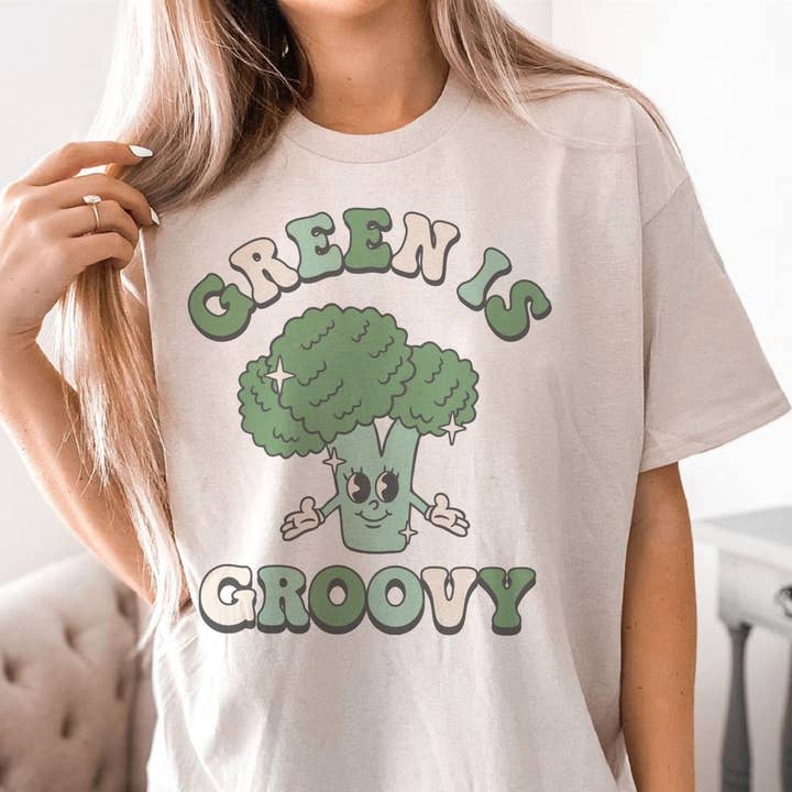 Green Is Groovy Funny Veggie Graphic Tee for wholesale by Par.tees by Party On!