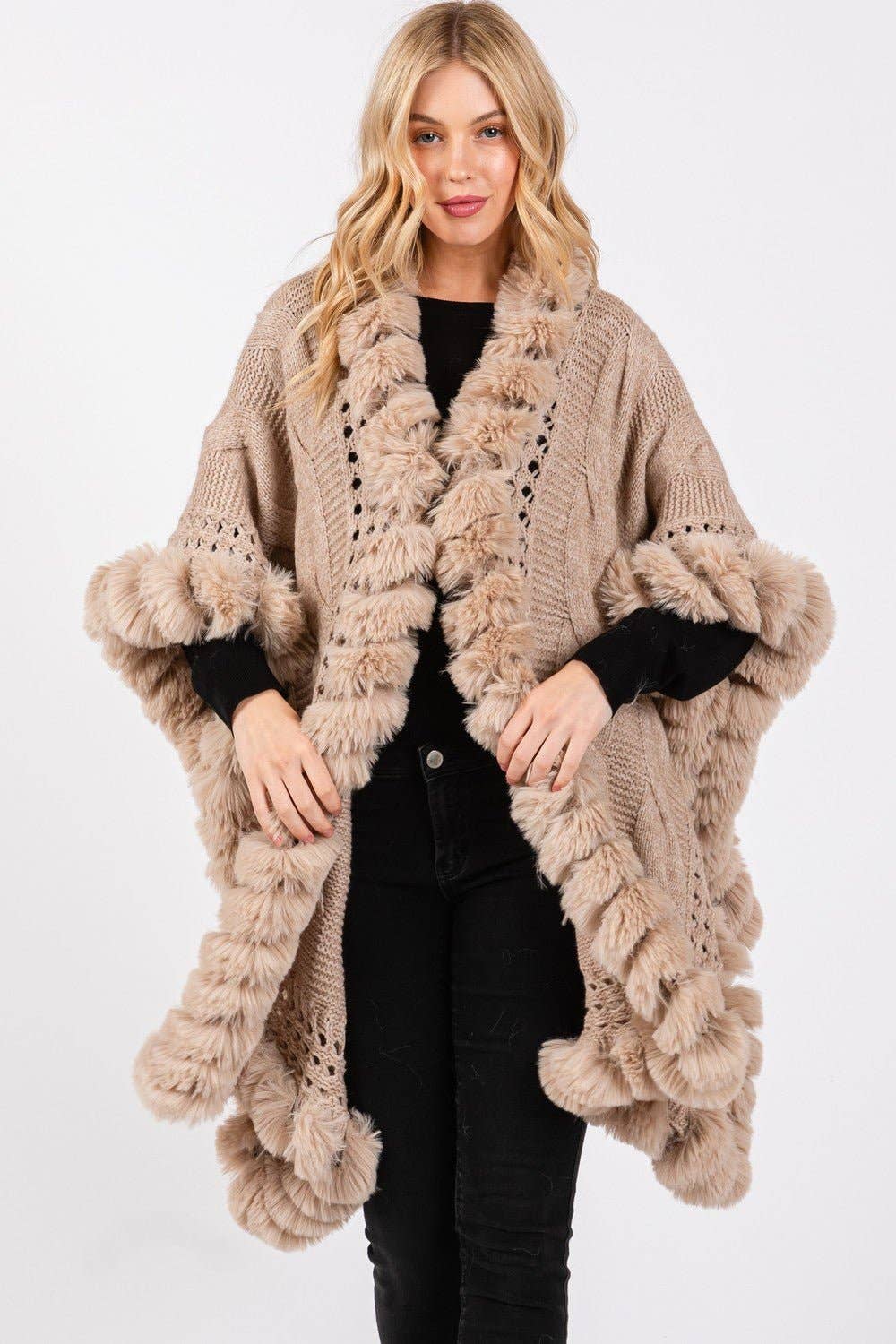 MiMi Wholesale - Wholesale Cape - Women's - MS0408 Faux Fur Trim Cape With Closure9