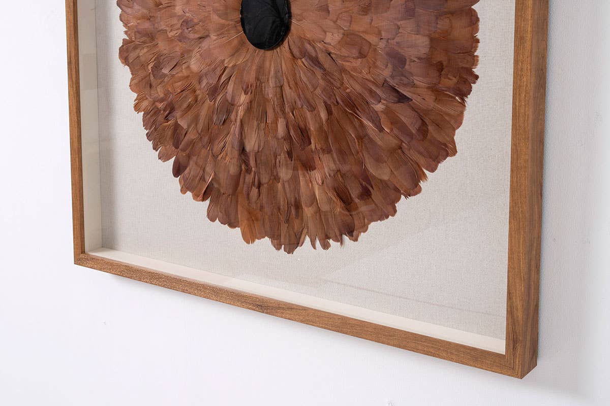 Gdeco - Venta al por mayor Marcos de fotos - Cuadro Vitrina 100*100 Cm, Marco Roble Y Plumas Coral Con Piedra Cristal.4