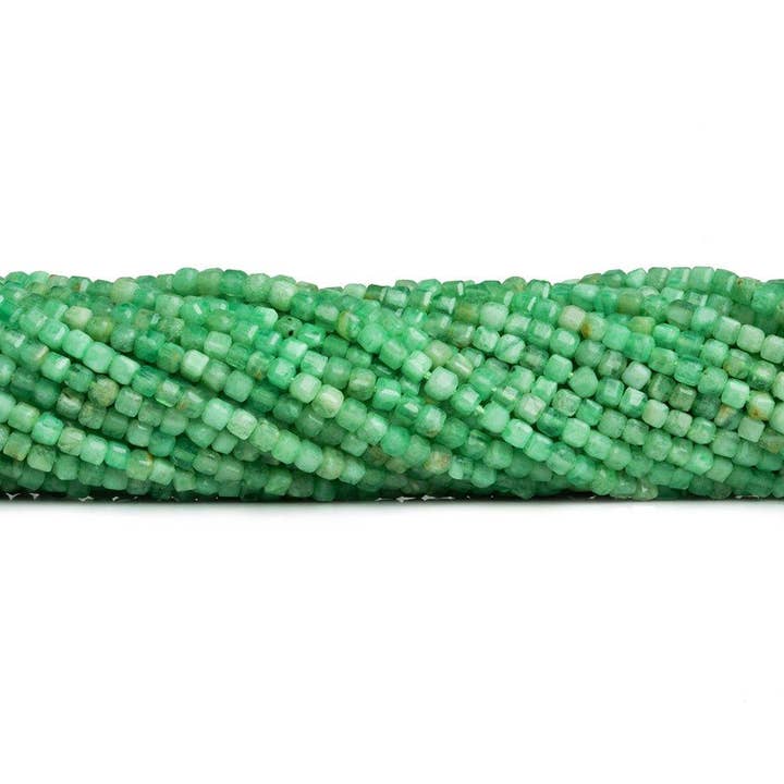 2.5mm Chrysoprase micro faceted cubes 12 inch 130 beads for wholesale by The Bead Traders