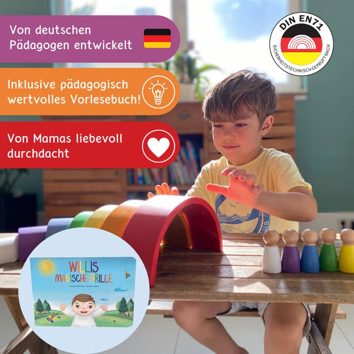 SCHMETTERLINE - Wholesale Wood Toy - Kids - “Willis magic glasses” - wooden rainbow with wooden figures and1