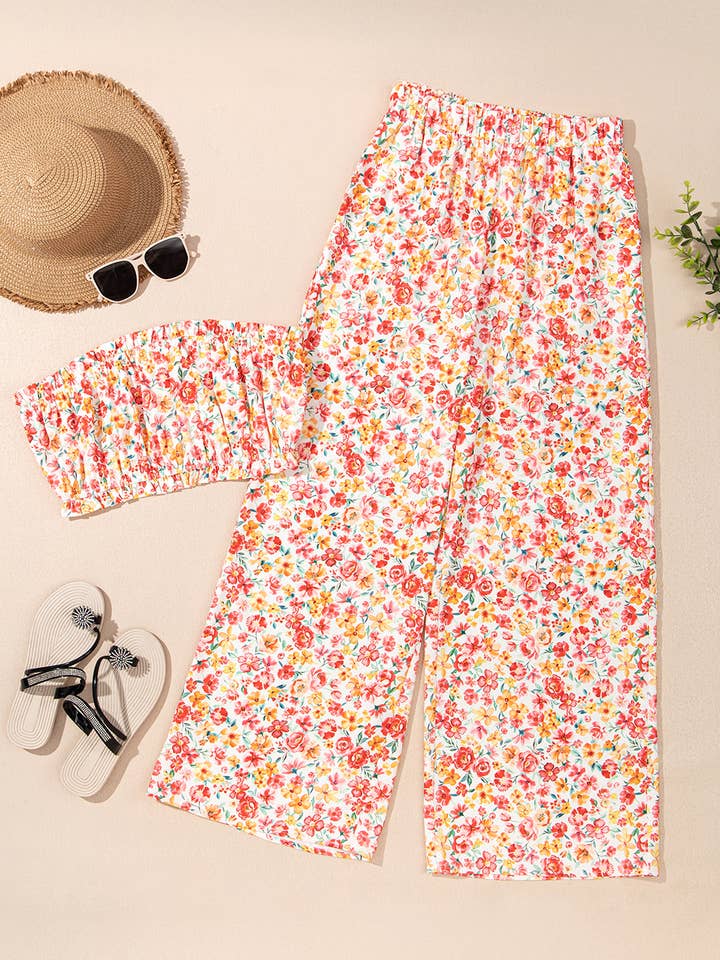 Pink Boho Floral Bandeau Top and High Waist Wide Leg Pants Set for wholesale on Faire