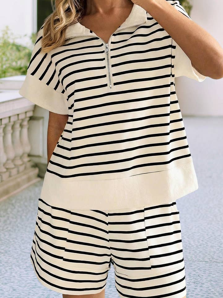 Stripe Color Block Trim Zip Polo Tee Drawstring Shorts Set for wholesale by Little Daisy Closet