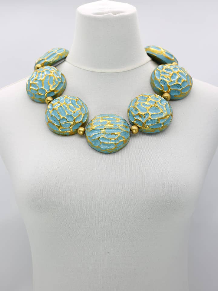 Handmade Recycled Wood Necklace with Murano-Inspired Disks – Eco-Friendly Statement Jewelry for wholesale by Jianhui London