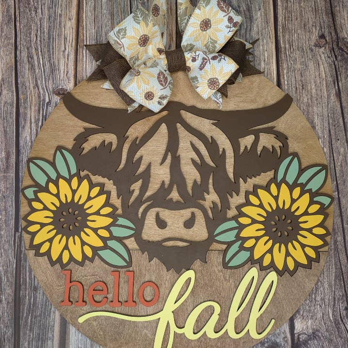 Hello Fall Highland Cow 3D DOOR HANGER - G08 for wholesale by Paisley Grace Makery