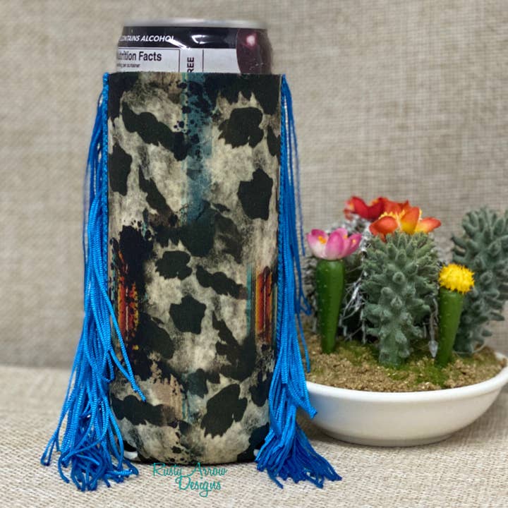 Slim Grunge Cowprint and Serape Fringe Koozie for wholesale by RAD Wholesale