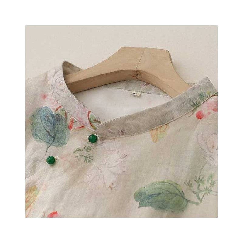 Abricot Chemise imprimée en lin avec col montant d’inspiration chinoise en vente sur Faire2