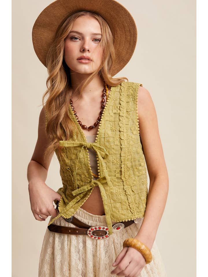 Listicle - Wholesale Outerwear Vest - Women’s - Embroidered Lace Tie-Front Vest LVT0094