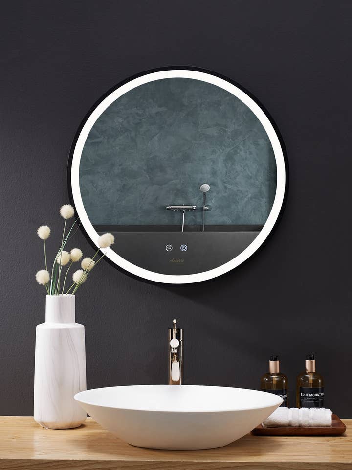 Cirque Round LED Lighted Bathroom Vanity Black Framed Mirror for wholesale by Ancerre Designs
