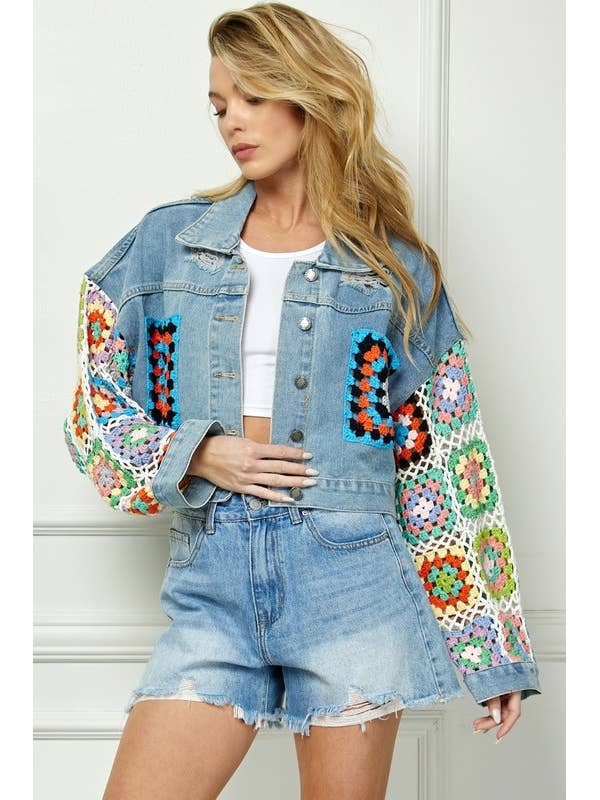 Hæklet kontrast ærme og lomme denim jakke for engroshandel hos MintChoco