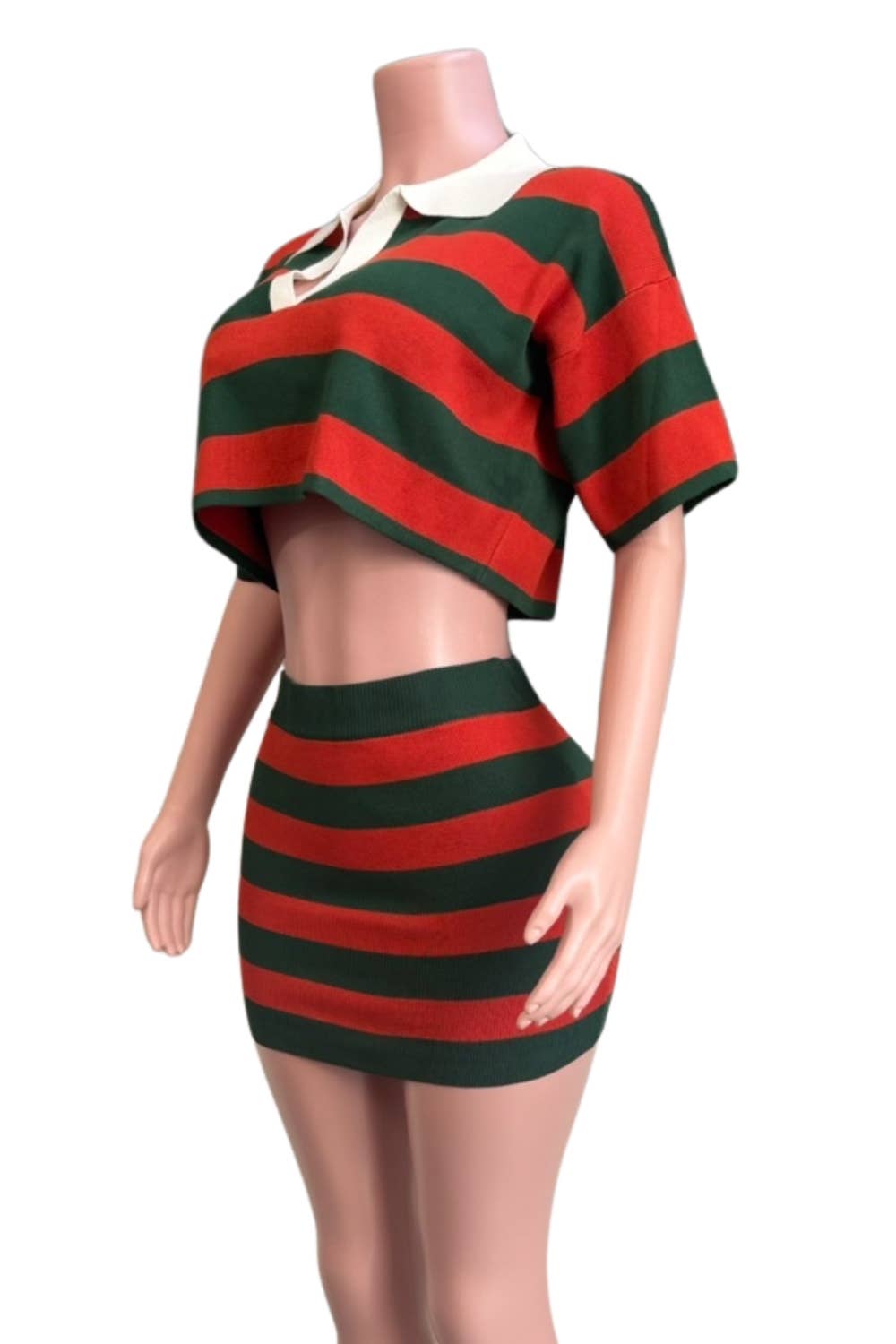 NEWGENS - Wholesale Activewear Set - Women's - NC2121A Striped Knit Polo Crop Top & Skirt Set5