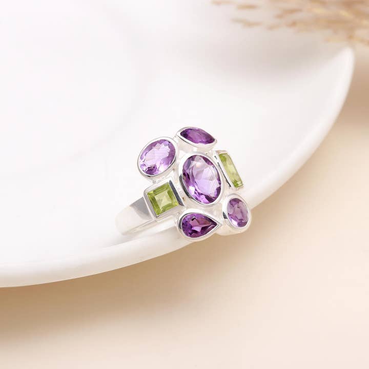 AG 925 JEWELLERY - Wholesale Cocktail/Statement Ring - Handmade Natural Faceted Amethyst & Peridot 925 Sterling Silver Statement Ring1