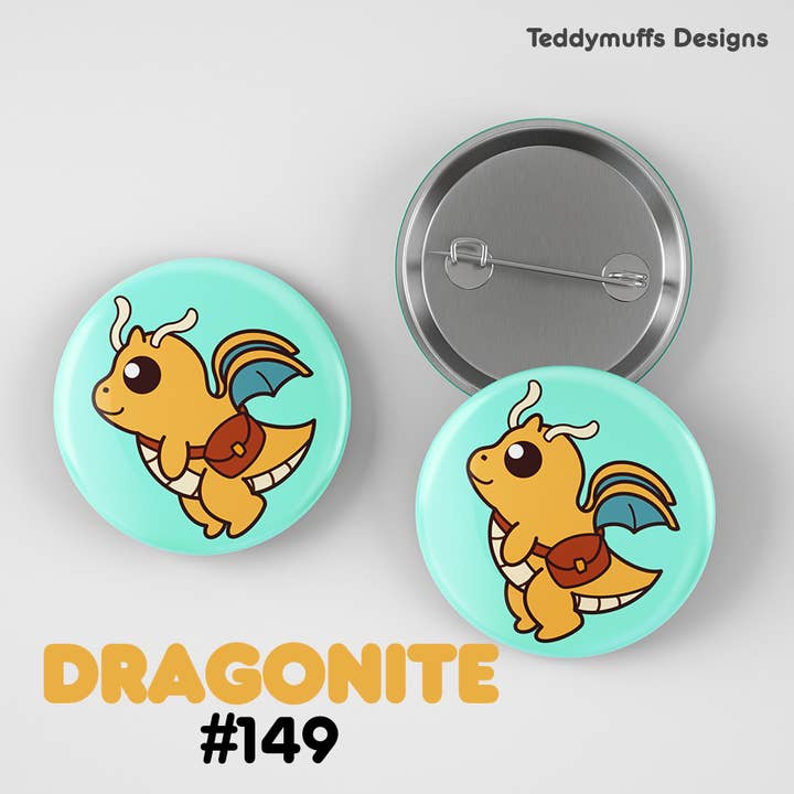 Teddymuffs Designs - Wholesale Lapel Pin/Button - Dragonite Button Pin | Pokemon | Pokémon