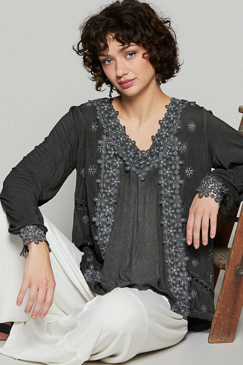 Pol Clothing - Wholesale Blouse - Women's - Long Sleeve Contrast Floral Lace Crochet V-Neck Top1