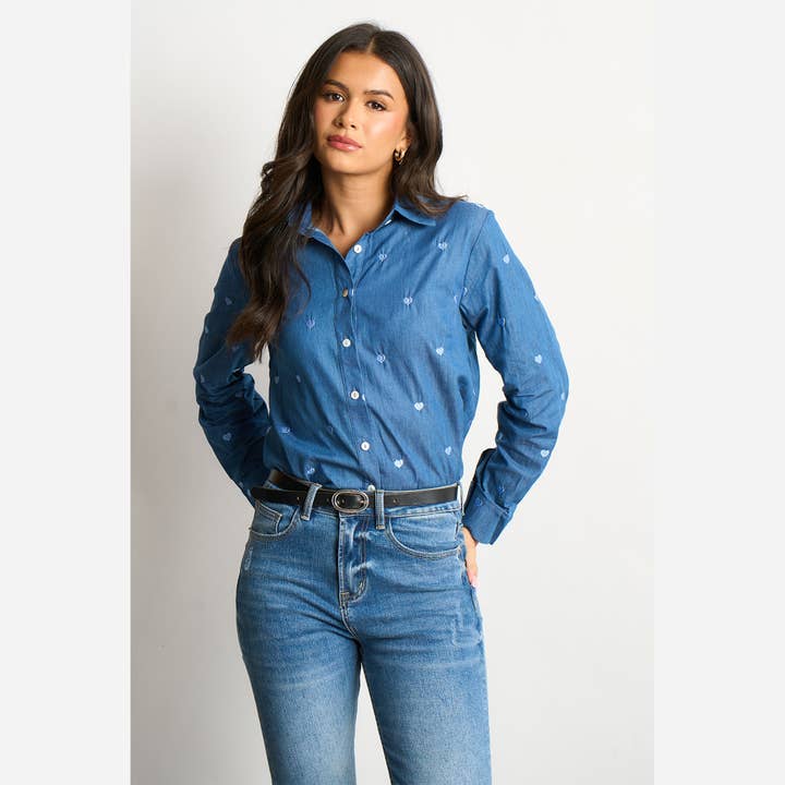 Dixie Langærmet Bomuldsskjorte - Denimblå, Hjerter for engroshandel hos Sarta