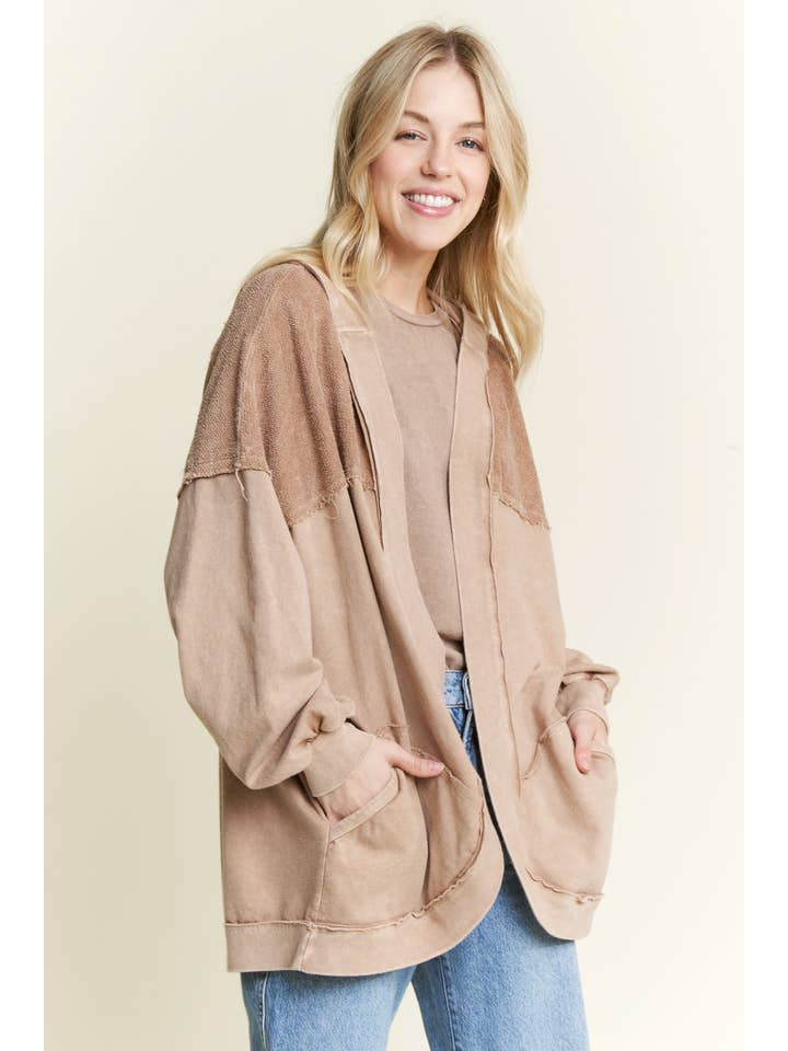 J.Her - Wholesale Cardigan - Women's - Mineral Wash Open Terry Cardigan with peace sign HT6086