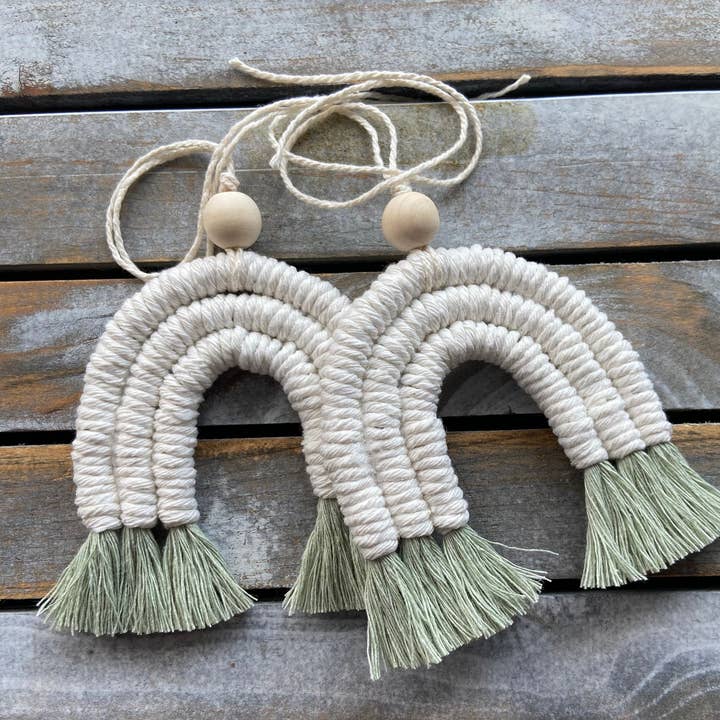 Macrame rainbow car diffuser - sage fringe for wholesale by Chickadee Creations