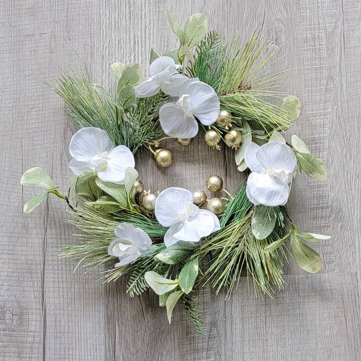 ES Essentials - Wholesale Wreath - Christmas Wreath Pine Glitter White Orchid Berry Candle Ring