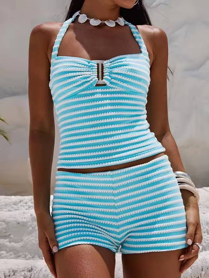 Striped Halter Tie-Back Crop Top & Shorts Set(C) for wholesale by BELLISSIMA FASHION