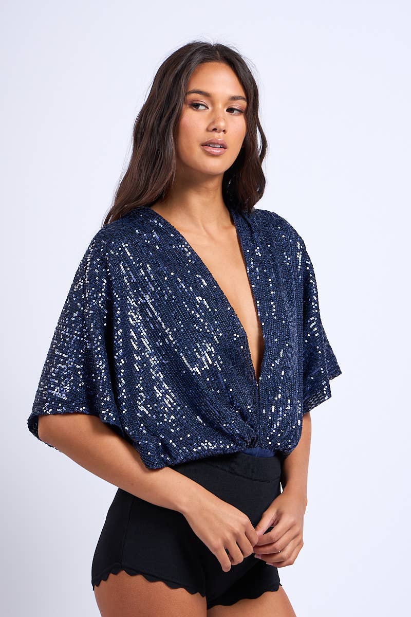 Sky to Moon - Wholesale Bodysuit - Women's - SEQUIN GLITTER PLUNGING NECK HALF SLEEVE BODYSUIT17
