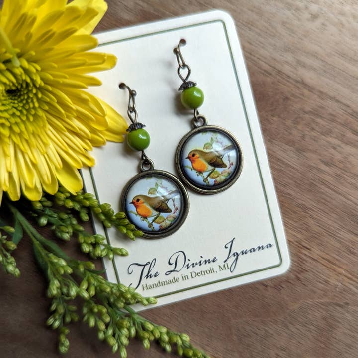 The Divine Iguana - Wholesale Dangle Earrings - Spring Robin Bird Vintage Inspired Glass Cabochon Earrings2