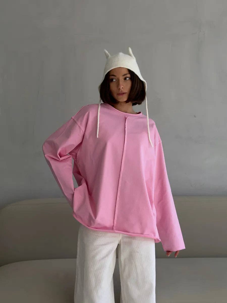 Suhkasana – wholesale T-shirt (utan tryck) – Dam – Avslappnad löst sittande bomullströja med långa ärmar och slitna detaljer.10