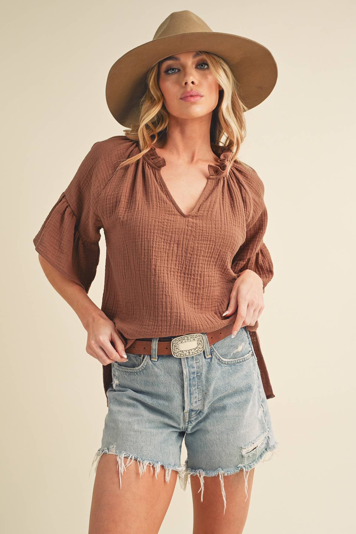 AEMI + CO - Wholesale Blouse - Women's - 8258DK Tes 3/4 Sleeve Ruffle Top 69