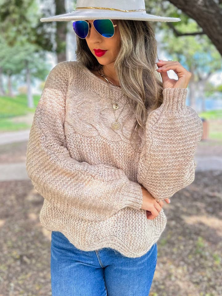 Taupe Lightweight Cable Knit Sweater with Scallop Hem for wholesale on Faire4
