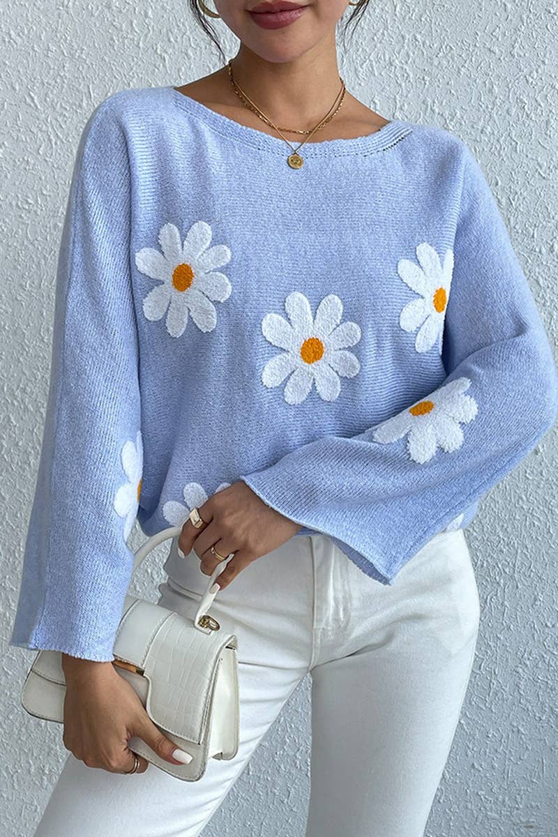 Lily Clothing - Wholesale Knit Sweater - Women's - Floral embroidery loose crew neck pullover sweater4