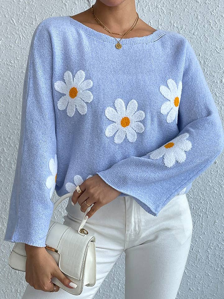 Lily Clothing - Wholesale Knit Sweater - Women's - Floral embroidery loose crew neck pullover sweater4