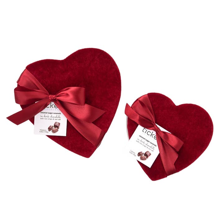 Valentine Velvet Heart Box – 7- or 14-Piece Caramels for wholesale by Ticket Chocolate