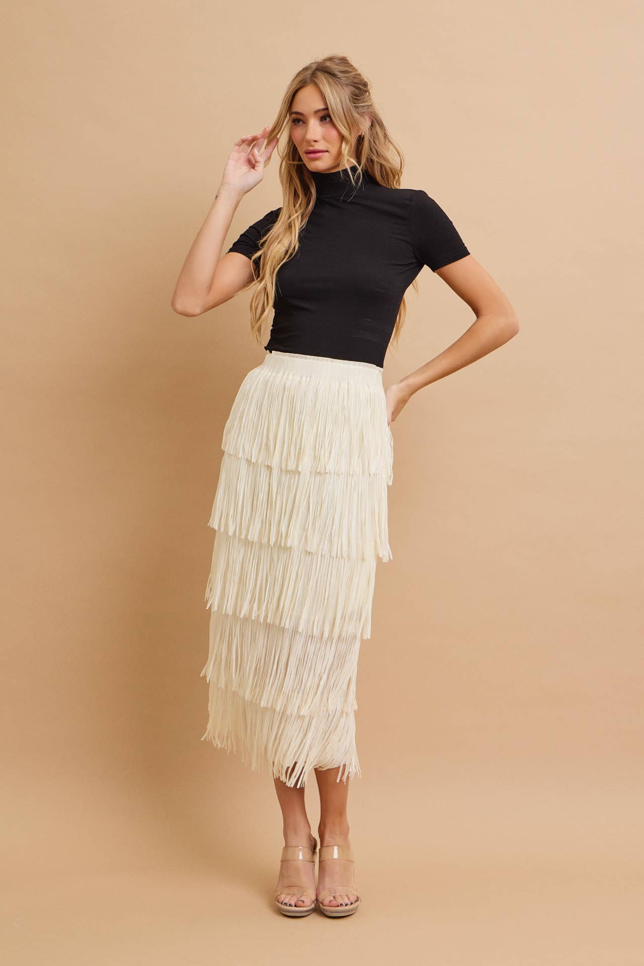 Ivory Tiered Fringe Skirt With Elastic Waist for wholesale on Faire7