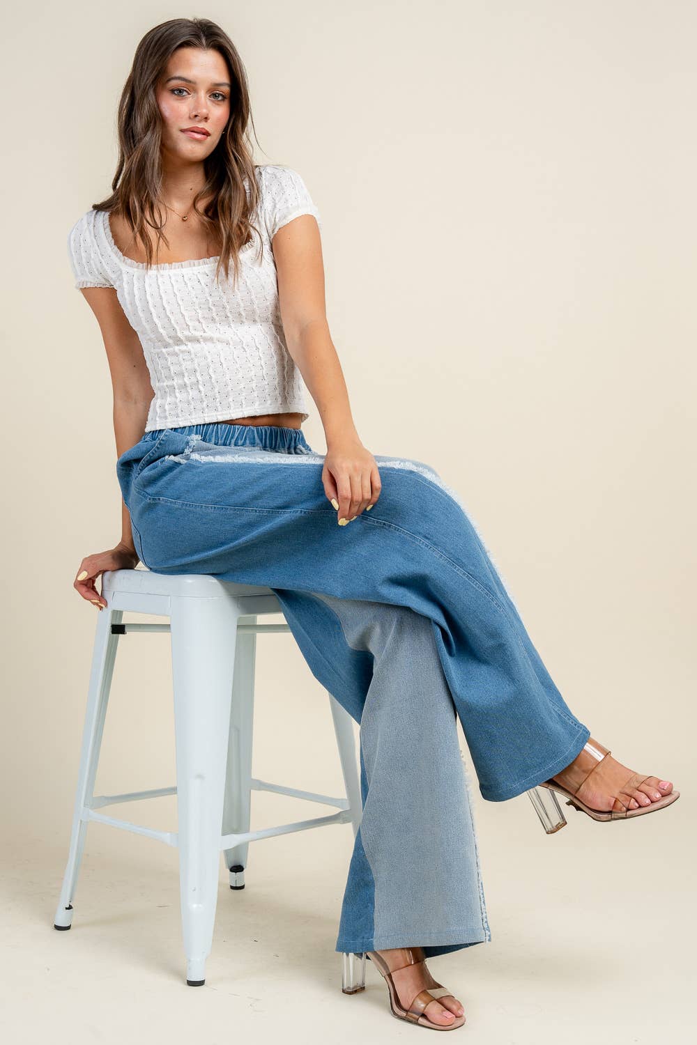 LIGHT INDIGO BP4837N / DENIM COLOR BLOCK WIDE LEG PANTS W/FRAY EDGE
 for wholesale on Faire6