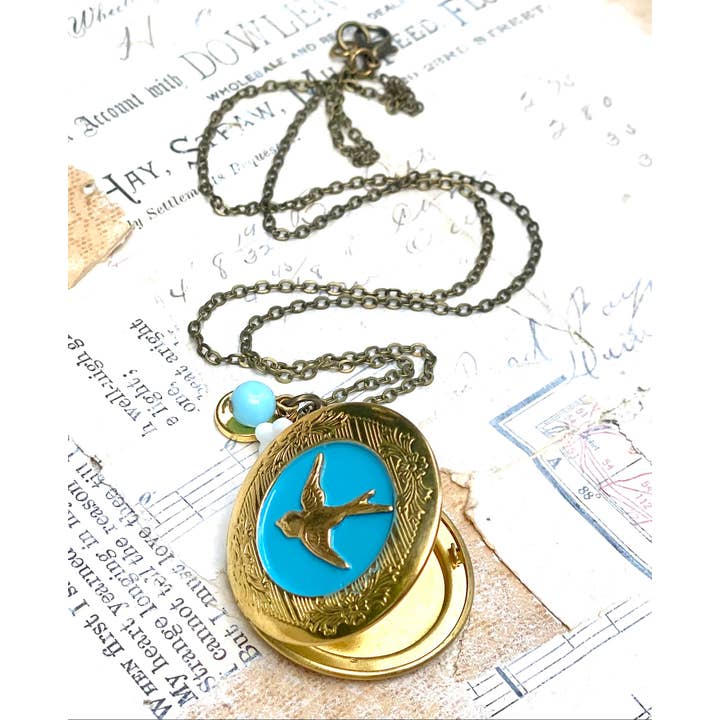 Red Truck Designs - Wholesale Locket Necklace - Bird Locket Gold Light Blue Woodland Charm Locket 22"