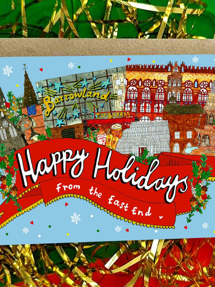 Carte de Noël Happy Holidays From the East End of Glasgow P pour la vente par Claire Barclay Draws