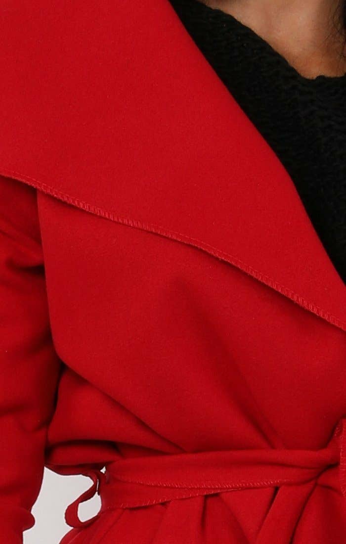 Femme Luxe - Vente Manteau – femme - Manteau long ceinturé rouge style duster à effet cascade - Femme Luxe6