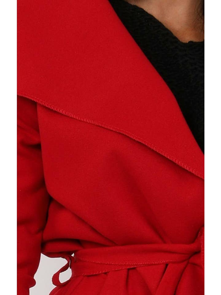 Femme Luxe - Vente Manteau – femme - Manteau long ceinturé rouge style duster à effet cascade - Femme Luxe6