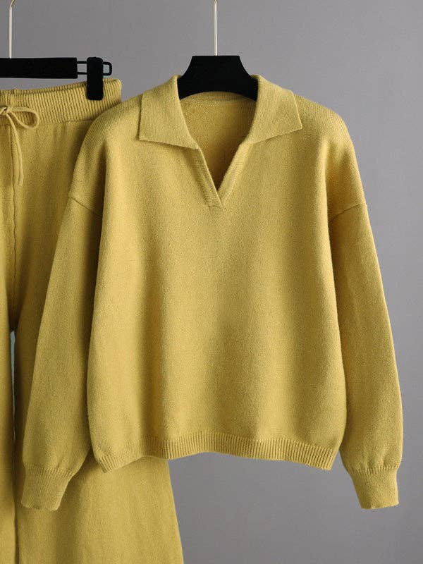 Plush Looks - Vendita all'ingrosso Completo top e pantaloni (NON loungewear) - Donna - Set di due pezzi in maglione polo a maniche lunghe Urban in tinta unita e pantaloni a gamba larga3