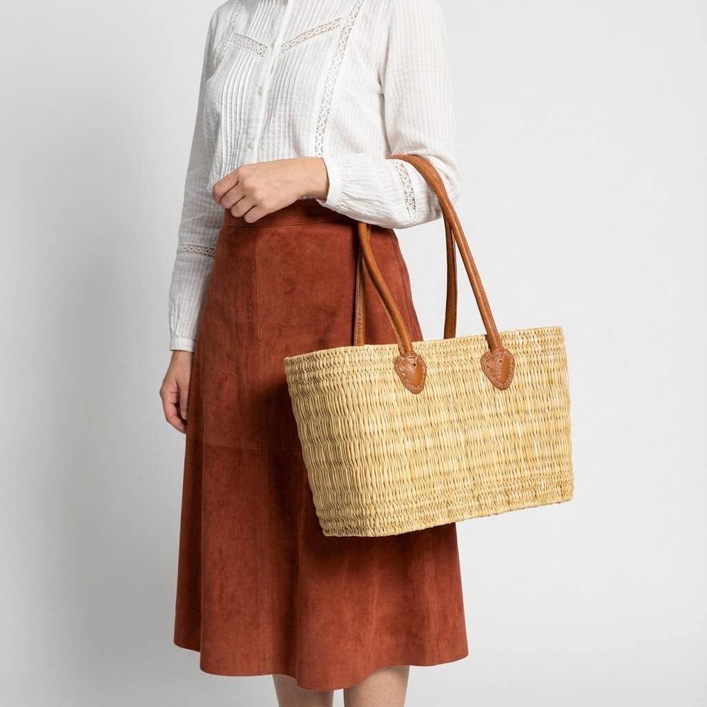 Melecraft - Wholesale Basket - Reed Market Basket Leather Handles - Natural Woven Tote Bag3