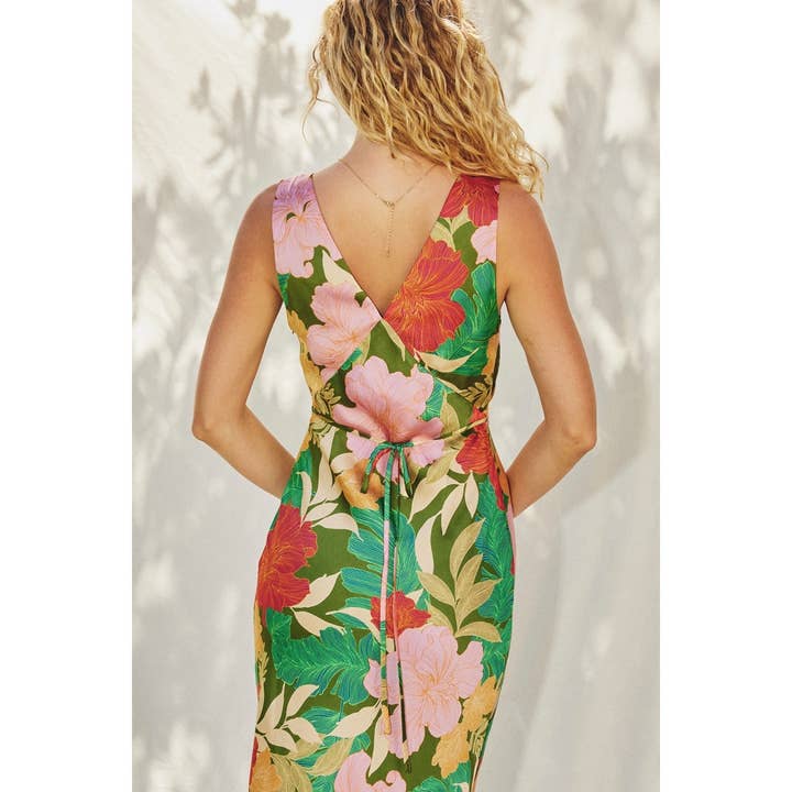 IBIZA GARDEN Moonstruck Satin V Neck Midi Dress for wholesale on Faire