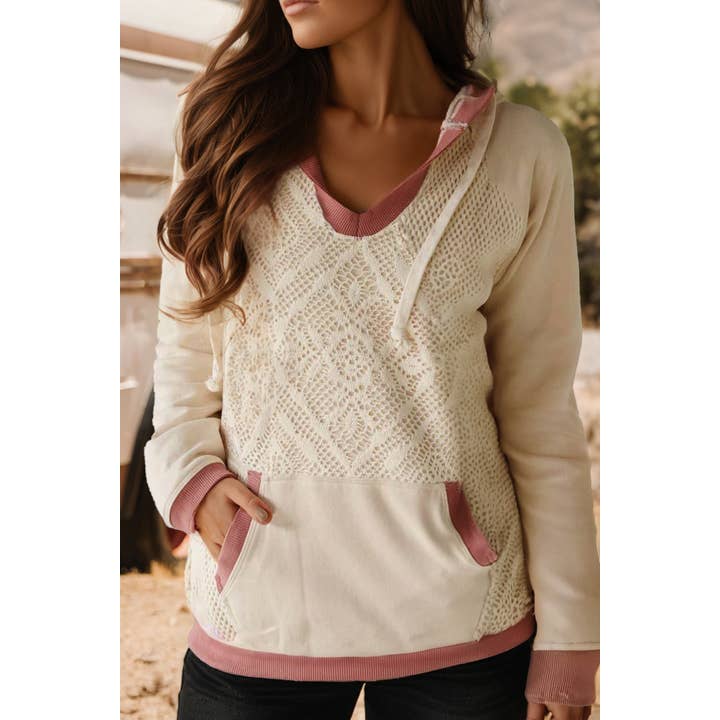 Contrast Trim Crochet Knit Patchwork Exposed Seam Hoodie for wholesale by fashionworks